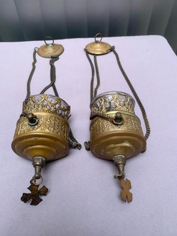 2 oude hangende koperen waxine lichtjes. beschikbaar voor biedingen