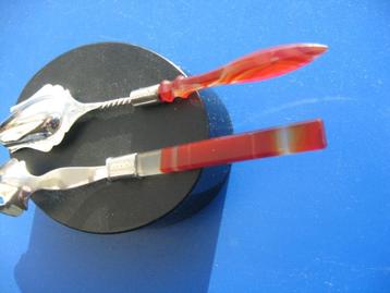 Zilveren set met lepel en vork en kornalijnen steel.  beschikbaar voor biedingen