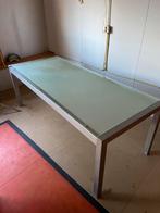 Industriële tafel met gestraalde glasplaat - 212x90 cm, Ophalen, Gebruikt, Geen idee, 200 cm of meer