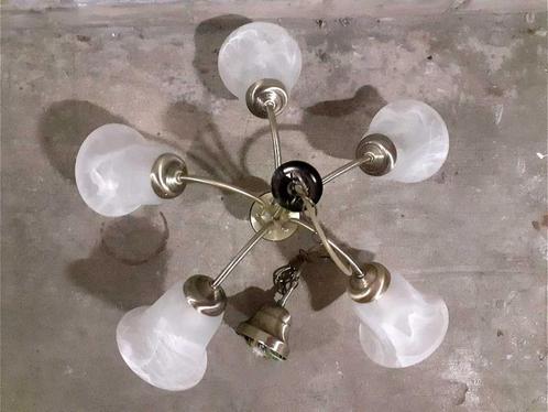 GRATIS: Kroonluchter ZGAN mat-brons/messing (5x glas kap) e7, Huis en Inrichting, Lampen | Kroonluchters, Zo goed als nieuw, Glas