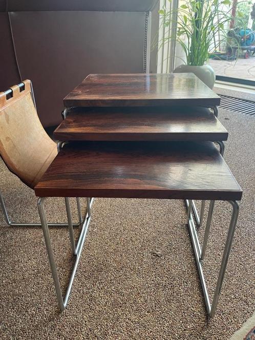 Bijzettafeltjes Palissander motief, vintage, Huis en Inrichting, Tafels | Bijzettafels, Gebruikt, Vierkant, Minder dan 45 cm, Minder dan 55 cm