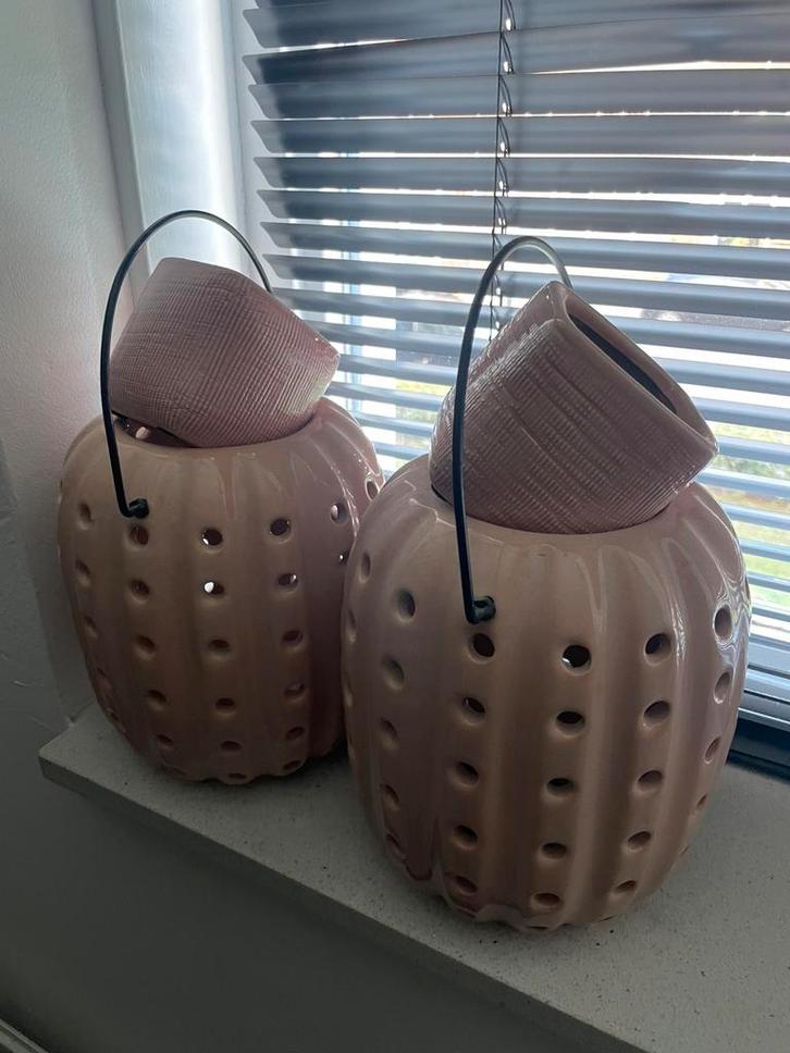 Set van 4 roze kaarshouders – 2 groot & 2 klein, Huis en Inrichting, Woonaccessoires | Kandelaars en Kaarsen, Zo goed als nieuw