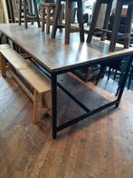 Industriële eettafel 199 cm teak/metaal, Ophalen, 200 cm of meer, 50 tot 100 cm, Zo goed als nieuw