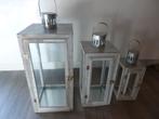 set 3x windlicht, hout/glas/metaal,  nieuw, Huis en Inrichting, Ophalen, Overige materialen, 25 tot 50 cm, Nieuw