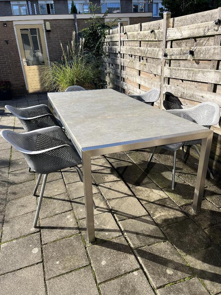 MOET WEG!!! MOOIE RVS Tuintafel, Hardstenenblad, 6 stoelen., Tuin en Terras, Tuintafels, Gebruikt, Rechthoekig, Rvs, Ophalen