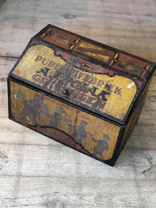Groot antiek blik A.J. Polak pudding winkelblik Groningen, Verzamelen, Blikken, Gebruikt, Overige, Overige merken, Verzenden