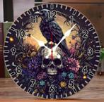 Ronde wandklok van hout Schedel met Vogel (25cm), Huis en Inrichting, Woonaccessoires | Klokken, Ophalen of Verzenden, Nieuw, Wandklok