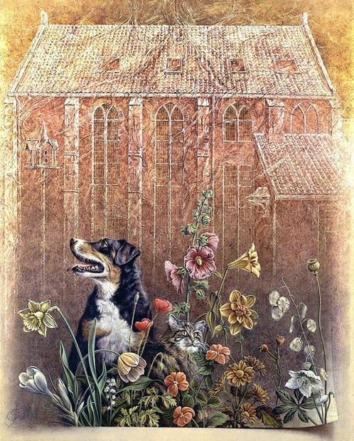 Kunst 'Kat en hond temidden van de bloemen' van Poen de Wijs, Antiek en Kunst, Kunst | Schilderijen | Modern, Verzenden