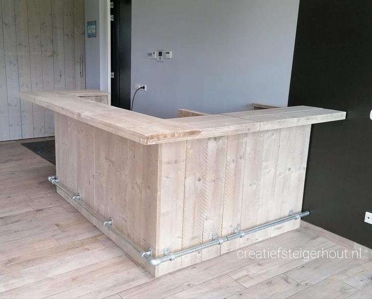 Steigerhouten bar 2 delig hoekbar buitenbar buizen wielen, Huis en Inrichting, Overige Huis en Inrichting, Nieuw, Ophalen of Verzenden