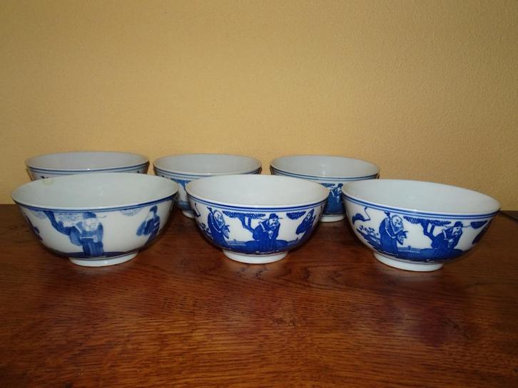 6 Chinese soep/rijstkommen met geluksgoden, Huis en Inrichting, Keuken | Servies, Zo goed als nieuw, Kom(men), Overige stijlen