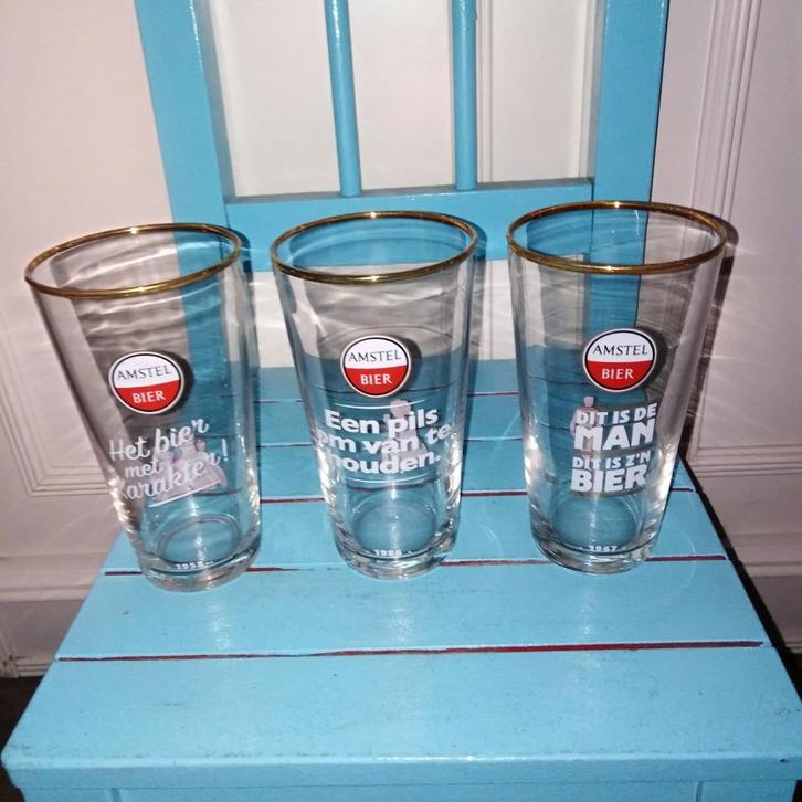 Amstel bierglazen met leuke spreuken 4 stuks, Verzamelen, Biermerken, Zo goed als nieuw, Glas of Glazen, Amstel, Ophalen