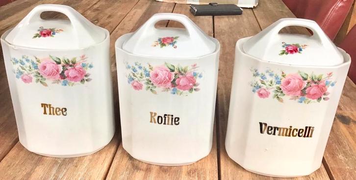 3 ANTIEKE VOORRAADPOTTEN: THEE, KOFFIE EN VERMICELLI, Antiek en Kunst, Antiek | Keramiek en Aardewerk, Ophalen of Verzenden