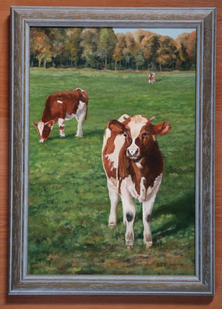 G.J. Kuiper (1926-2013) - Bruin-witte koeien, Antiek en Kunst, Kunst | Schilderijen | Klassiek, Ophalen of Verzenden