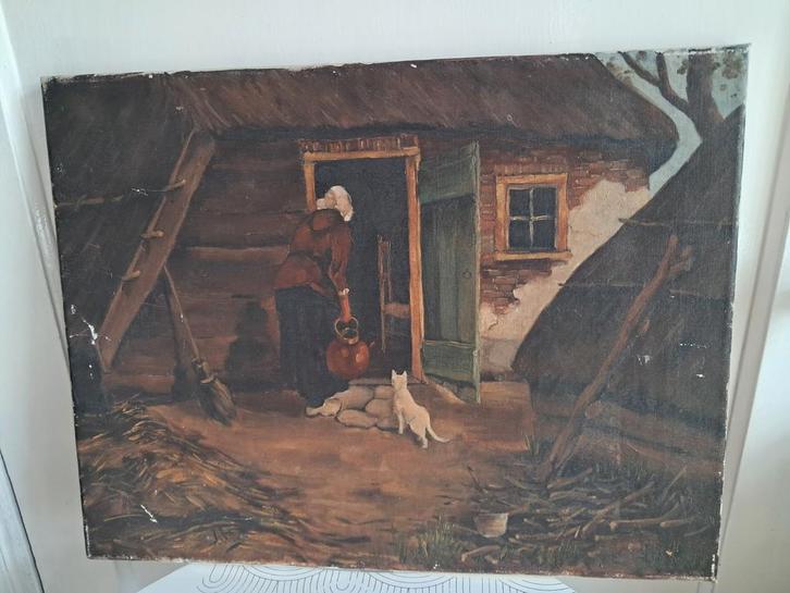 Landelijk tafereel met vrouw en kat, Antiek en Kunst, Kunst | Schilderijen | Klassiek, Ophalen of Verzenden