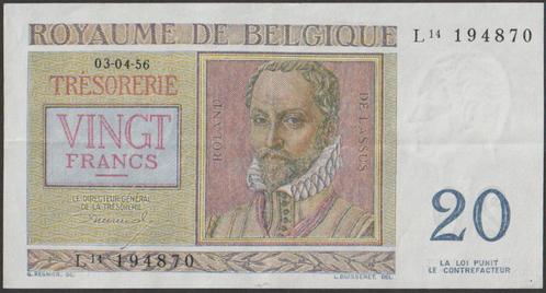 België 20 francs 1956 VF+ p.132b (# 193), Postzegels en Munten, Bankbiljetten | Europa | Niet-Eurobiljetten, Los biljet, België