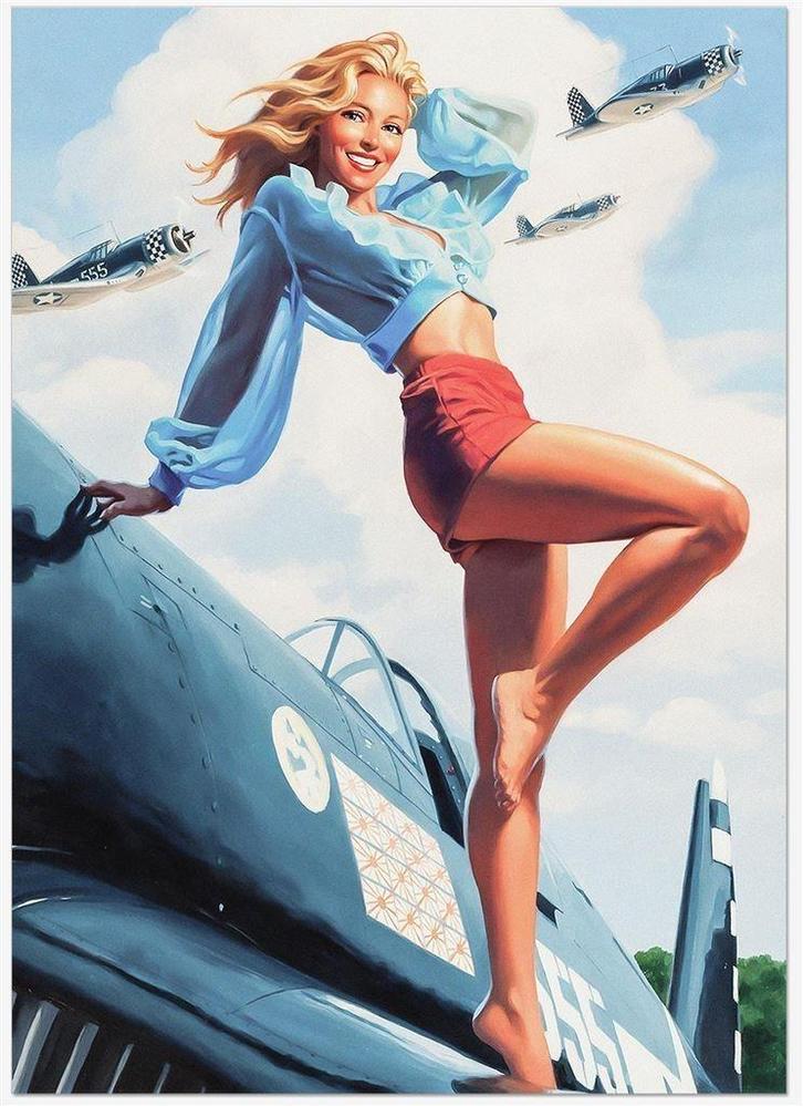 WO2 Grote Kunst Poster Sexy Blond Pin up Vliegtuig USA, Verzamelen, Militaria | Tweede Wereldoorlog, Foto of Poster, Nederland