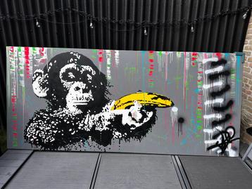 Schilderij XXL 250x110 cm,  Aap met Banaan (Banksy stijl) beschikbaar voor biedingen
