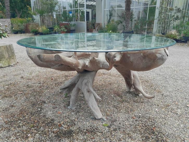 Tafel teakstronk met glasplaat, Tuin en Terras, Tuintafels, Nieuw, Rond, Teakhout, Ophalen