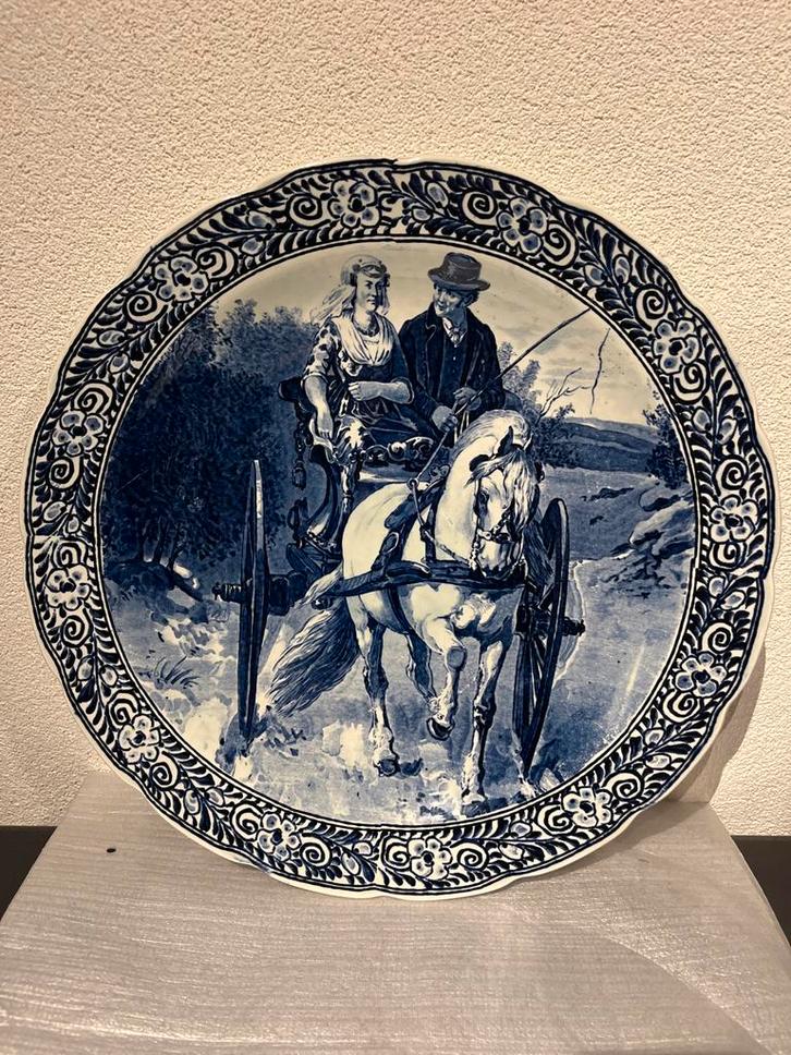 Delfts Blauw Bord met Paard en Wagen, Antiek en Kunst, Antiek | Wandborden en Tegels, Ophalen of Verzenden