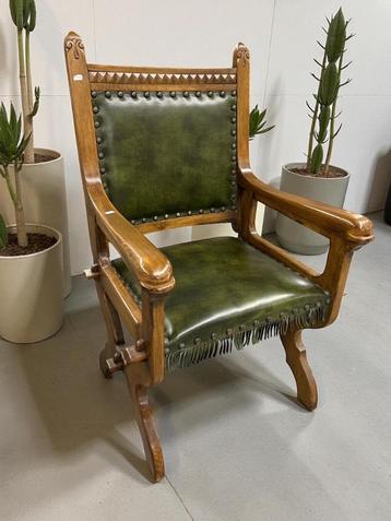 Antieke houten stoel zetel groen lederen bekleding # 9775  beschikbaar voor biedingen