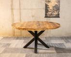 Eettafel mango hout met spinpoot zwart onderstel, Rond, Nieuw, Vijf personen of meer, Metaal