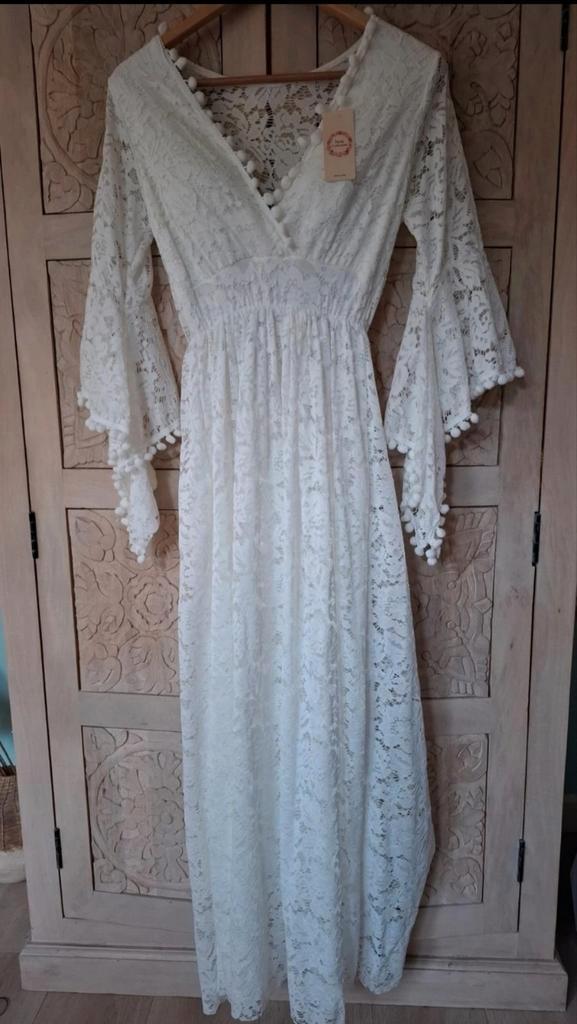 New Collection Kant Maxi Jurk S/M - Boho Italiaans, Kleding | Dames, Jurken, Nieuw, Maat 38/40 (M), Wit, Onder de knie, Ophalen of Verzenden