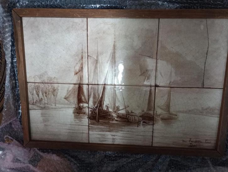 Zeldzaam Antiek Tegeltableau met Zeilschepen, Antiek en Kunst, Antiek | Wandborden en Tegels, Ophalen of Verzenden