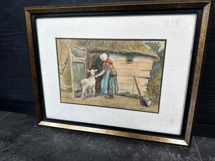 Larense stijl - Aquarel, Nederlandse volkskunst, ingelijst, Antiek en Kunst, Kunst | Tekeningen en Foto's, Ophalen of Verzenden