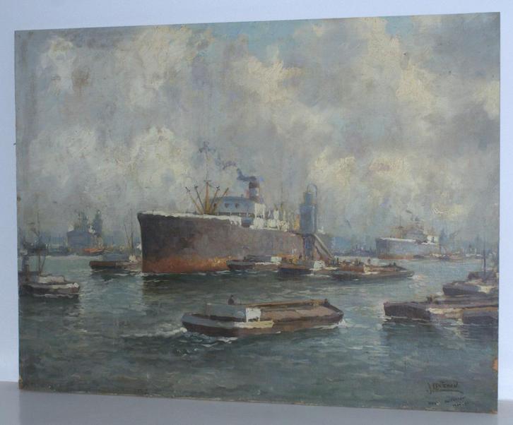 Olieverf schilderij haven Rotterdam J. Lenteman 1923 Oliever, Antiek en Kunst, Kunst | Schilderijen | Klassiek, Ophalen of Verzenden