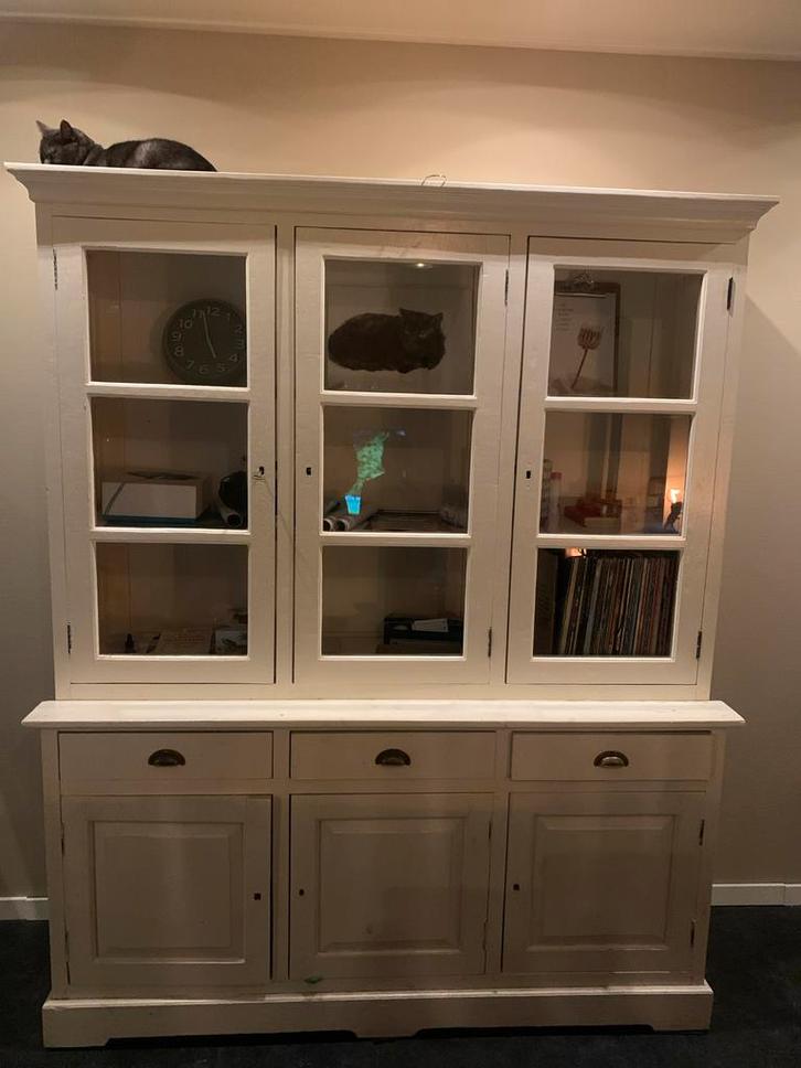 Grote brocante kast - gebroken wit - 2 delen, Antiek en Kunst, Antiek | Meubels | Kasten, Ophalen