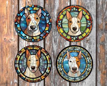 Bullterrier Glas in Lood onderzetters met houder rond beschikbaar voor biedingen