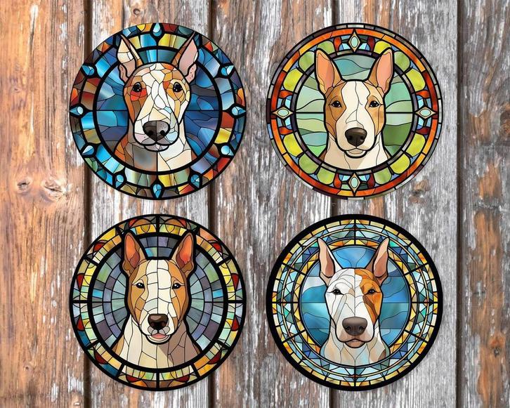 Bullterrier Glas in Lood onderzetters met houder rond, Huis en Inrichting, Woonaccessoires | Onderzetters, Nieuw, Glas of Kopje
