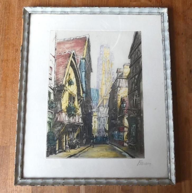 Baum aquarel Elzas? Frankrijk ingekleurde prent, Huis en Inrichting, Woonaccessoires | Schilderijen, Tekeningen en Foto's, Gebruikt