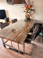 Wagonplanken Eettafel met Glasplaat - 200x100, Huis en Inrichting, Tafels | Eettafels, Ophalen, Gebruikt, 100 tot 150 cm, Vijf personen of meer