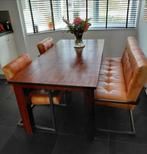 Set Eettafelstoelen + eettafelbank buffelleer, Huis en Inrichting, Ophalen, Zo goed als nieuw, 4 tot 6 stoelen