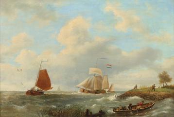 Zeegezicht met zeilschepen en vissers aan de oever. beschikbaar voor biedingen