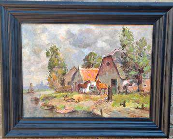Hoeve aan de vaart. Olie/doek. Ca '50/'70. ..100/81 cm. beschikbaar voor biedingen