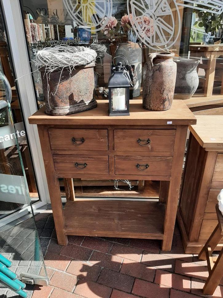 Stoere oud teakhouten sidetable 4 lades plateau 80 cm, Huis en Inrichting, Tafels | Sidetables, Nieuw, 25 tot 50 cm, 50 tot 100 cm