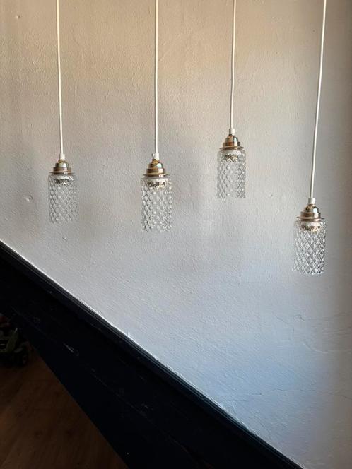Vintage set 4 glazen koker kaars hanglampjes ananas ruitjes, Huis en Inrichting, Lampen | Hanglampen, Minder dan 50 cm, Ophalen of Verzenden