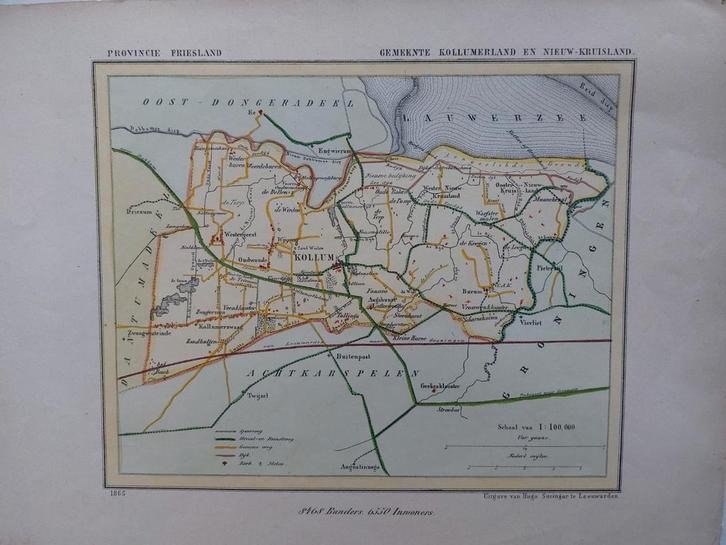 14 / Kollumerland Nieuw Kruisland Kollum Gerkesklooster 1865, Antiek en Kunst, Kunst | Litho's en Zeefdrukken, Ophalen of Verzenden