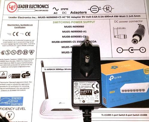 Leader Inc. MU05-N090060-C5 9V 0.6A 6W AC DC Adapter TP-Link, Audio, Tv en Foto, Opladers, Zo goed als nieuw, Ophalen of Verzenden