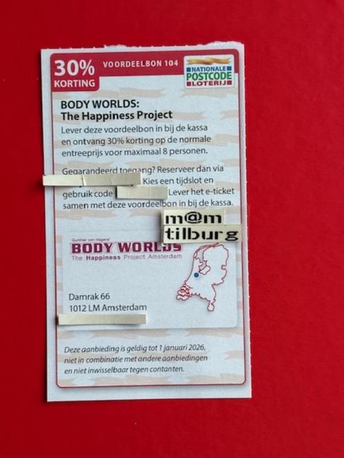 (104) BODY WORLDS: THE HAPPINESS PROJECT 30% korting., Tickets en Kaartjes, Kortingen en Cadeaubonnen, Drie personen of meer, Overige typen