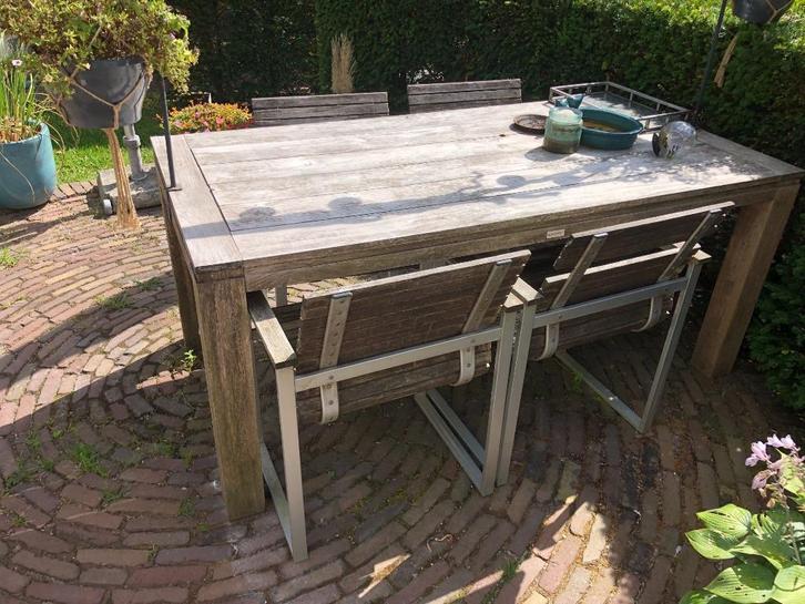 Tuinstoelen teak hout/aluminium, Tuin en Terras, Tuinsets en Loungesets, Gebruikt, Tuinset, Teakhout, 4 zitplaatsen, Eettafel