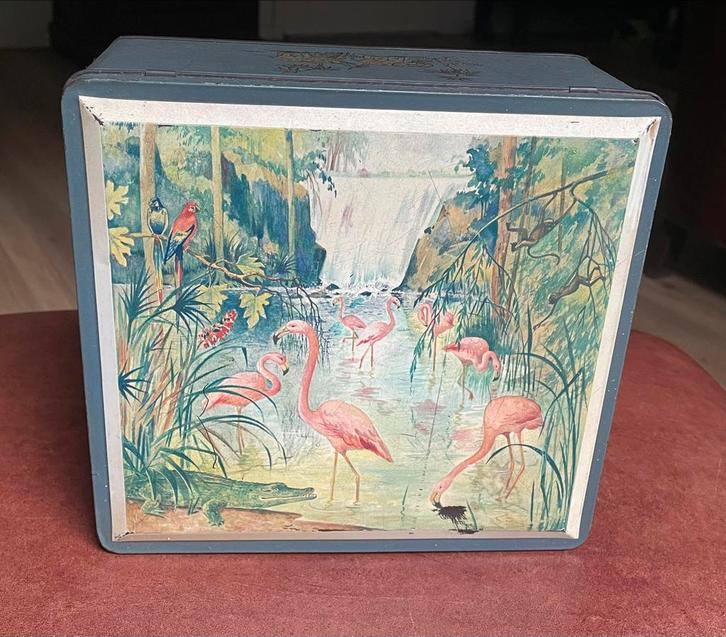 Vintage blik Van Melle flamingo’s olifanten, Verzamelen, Blikken, Gebruikt, Overige, Overige merken, Ophalen of Verzenden