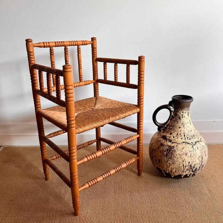 Antiek eiken bobbin biezen matten stoel vintage, Antiek en Kunst, Antiek | Meubels | Stoelen en Banken, Ophalen