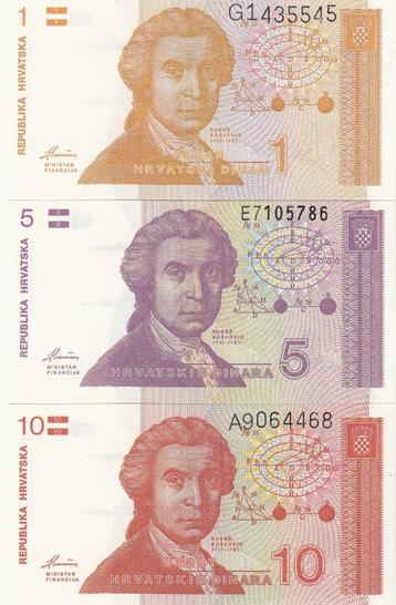 Kroatië - set 1,5 en 10 Dinar 8.10.1991 UNC -P#16,17,18 beschikbaar voor biedingen