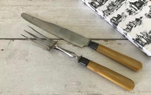 Antieke Franse vleesvork en mes met benen heft in doos, Antiek en Kunst, Antiek | Bestek, Ophalen of Verzenden