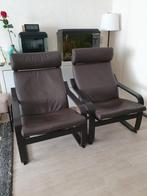 2x Ikea Poäng stoelen, donkerbruin leer, Huis en Inrichting, Fauteuils, Ophalen, Gebruikt, 50 tot 75 cm, Leer