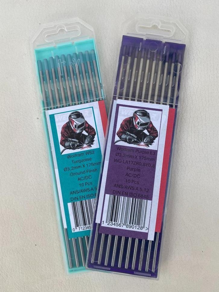 Wolfram Elektrodes 3,2mm, Turquoise, Paars., Doe-het-zelf en Verbouw, Gereedschap | Lasapparaten, Nieuw, Elektroden, 250 ampère of meer