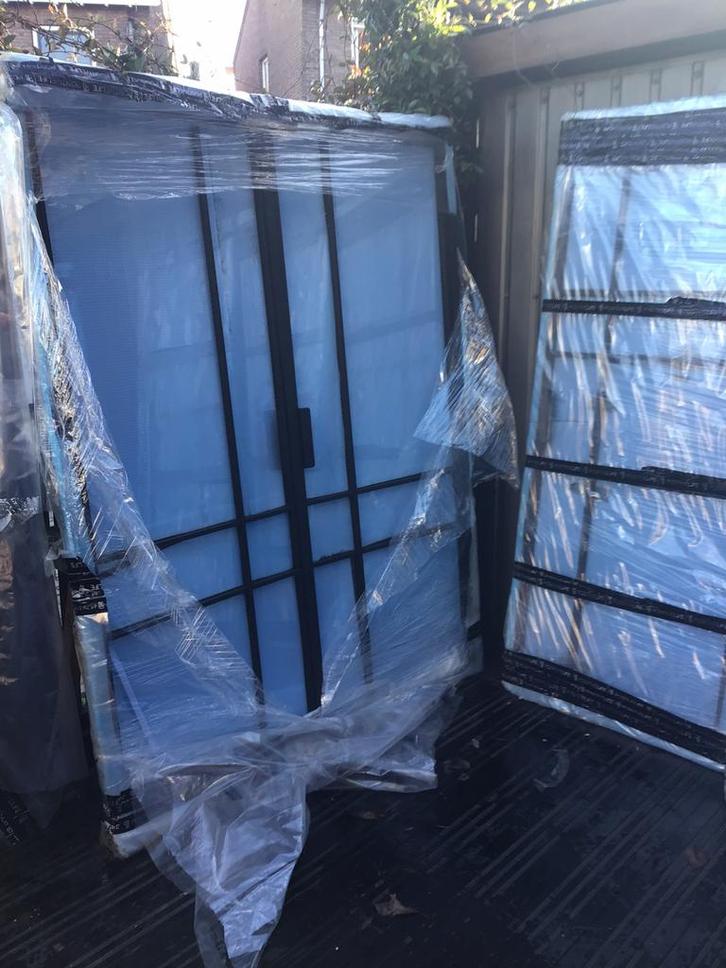 Stalen deuren met kozijn, Doe-het-zelf en Verbouw, Deuren en Horren, Zo goed als nieuw, Buitendeur, 200 tot 215 cm, Glas, Ophalen of Verzenden